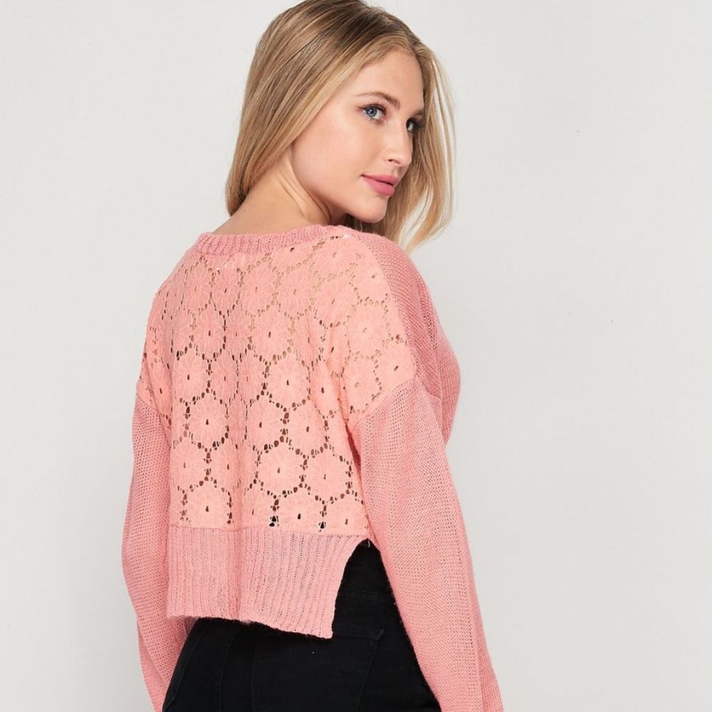 Blank Lewks Crochet Lace-Back Long Sleeve V-Neck